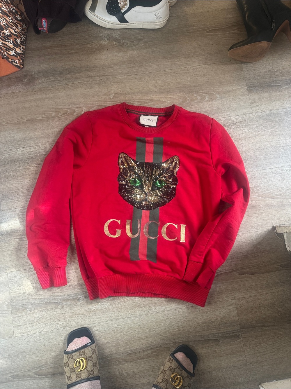 Gucci Red Sequin Cat Logo Sweatshirt